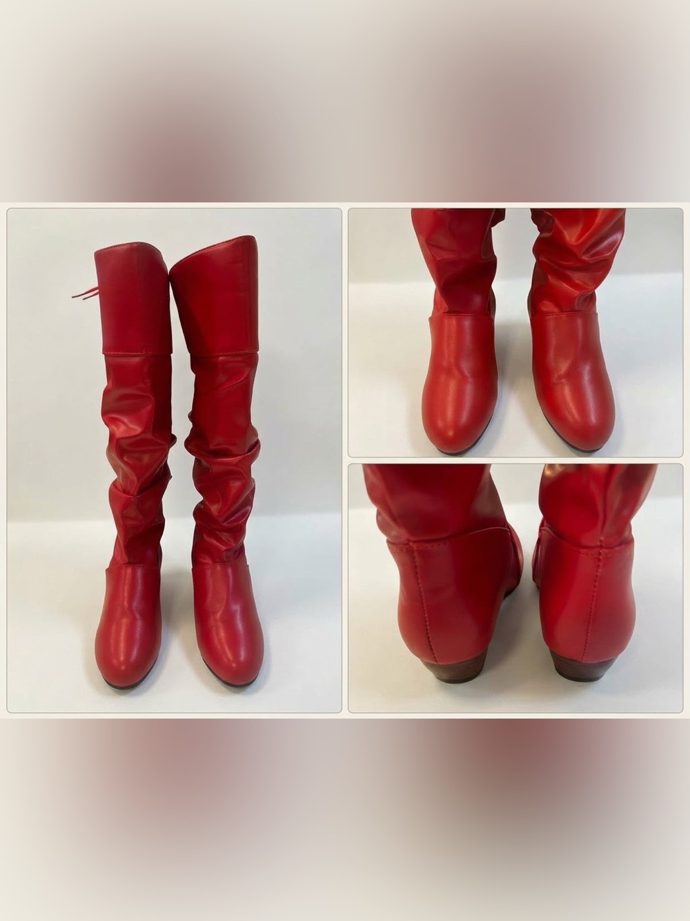 NWOT Red Slouchy Knee Boots Low Block Heel Tie Back Size 38 (US 7/7.5)